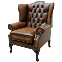 Chesterfield Bloomsbury Flat Wing Queen Anne High Back Wing Chair Antique Tan Leather -Home Haven Shop 15609211 3