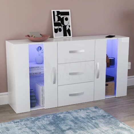 Astro LED Sideboard 2 Door 3 Drawer Modern High Gloss Storage Cabinet Cupboard, White -Home Haven Shop 17767124 1