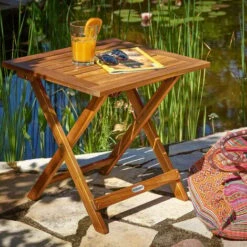 Garden Side Table Balcony Folding Outdoor Wooden 46x46cm Patio Small Space Corner Bistro Weather Resistant Terrace -Home Haven Shop 18381339 3