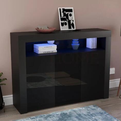 Nova LED Sideboard 3 Door Modern High Gloss Storage Cabinet Cupboard, Black -Home Haven Shop 25535271 1