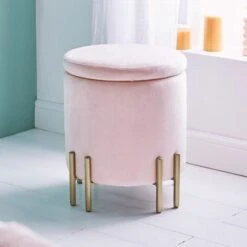 BTFY Pink Velvet Storage Stool – Round Footstool Pouffe, Vanity Seat With Lid And Gold Legs, Upholstered & Cushioned Footrest Ottoman For Dressing Table, Bedroom, Living Room, Fitting Room, Office -Home Haven Shop 54924610 3