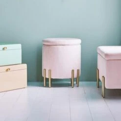 BTFY Pink Velvet Storage Stool – Round Footstool Pouffe, Vanity Seat With Lid And Gold Legs, Upholstered & Cushioned Footrest Ottoman For Dressing Table, Bedroom, Living Room, Fitting Room, Office -Home Haven Shop 54924610 5