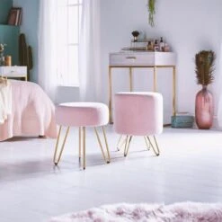 BTFY Pink Velvet Stool – Round Dressing Table Stool With Gold Hairpin Legs – Large Footstool Pouffe - Vanity Seat Chair - Cushioned & Upholstered Footrest For Bedroom, Living Room, Fitting Room -Home Haven Shop 54924818 4