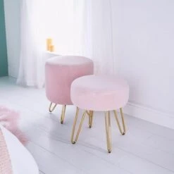 BTFY Pink Velvet Stool – Round Dressing Table Stool With Gold Hairpin Legs – Large Footstool Pouffe - Vanity Seat Chair - Cushioned & Upholstered Footrest For Bedroom, Living Room, Fitting Room -Home Haven Shop 54924818 5