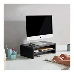 Computer Monitor Stand Riser Wood Storage Organizer Desktop Small TV Stand Laptop Printer PC Monitor Stand, Black -Home Haven Shop 64902522 4