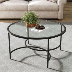 Livingandhome Black Modern Round Tempered Glass Coffee Table For Living Room -Home Haven Shop 77837718 2