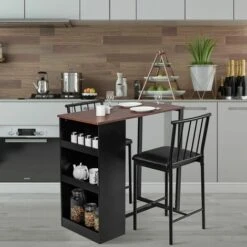 3PCS Bar Table & 2 Chairs Industrial Kitchen Dining Table Set With Side Storage -Home Haven Shop 78170866 3