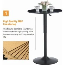 ROZHOME 60cm Black Round MDF Top Bar Table Black Metal Base Pub Table Height Adjustable -Home Haven Shop 98420957 3