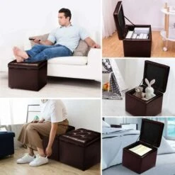 COSTWAY Faux Leather Ottoman, Pouffe Storage Toy Box With Hinge Top Padded Foot Stool, Cube Bench Seater For Living Room, Bedroom & Office, 150Kg Capacity (Brown) -Home Haven Shop 9873615 3